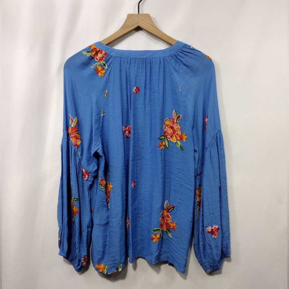 Figueroa & Flower Embroidered Papaya Floral Gauze Blouse Womens M Blue Artsy - Picture 7 of 10